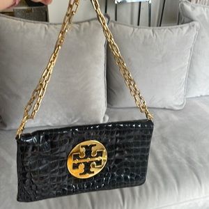 Tory Burch Croc Reva Black Clutch| Great Condition| Gold & Black.